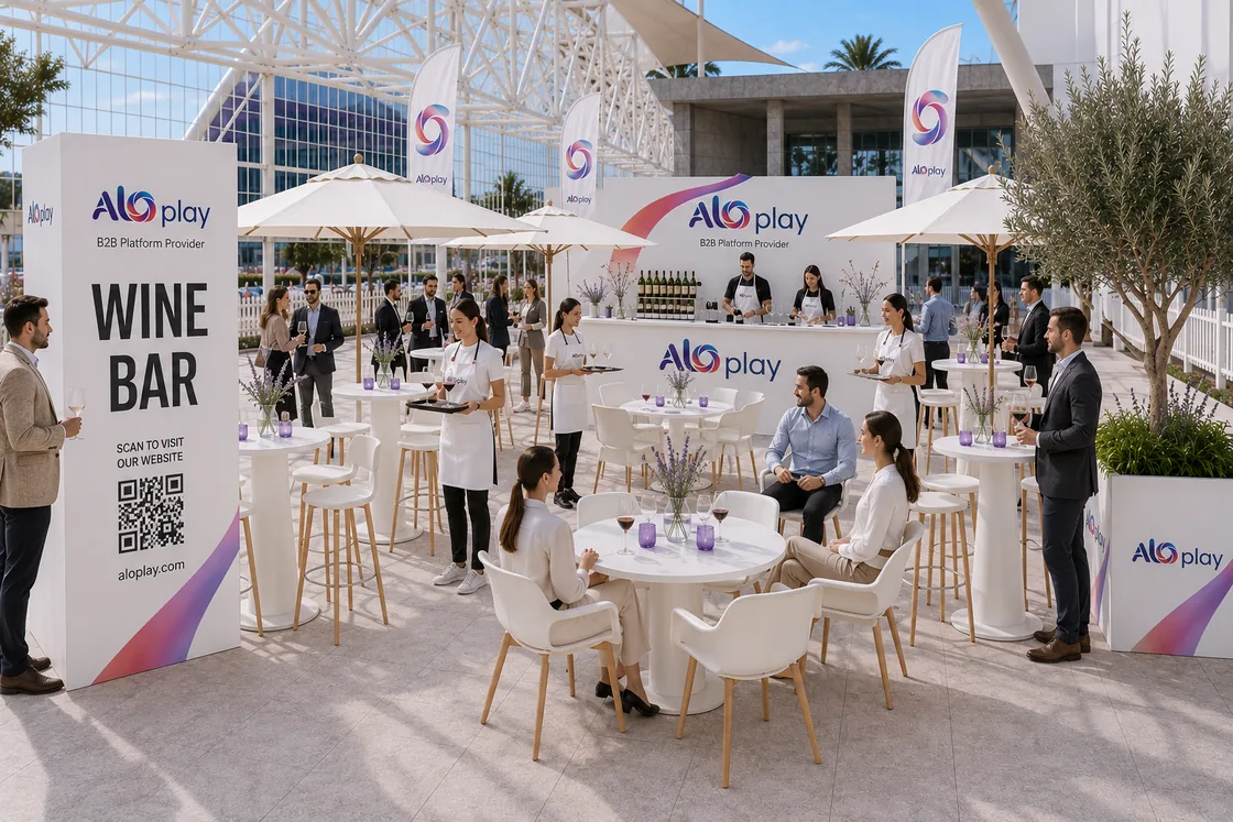 The Aloplay Wine Bar stand at SBC Summit Lisbon: white bar, parasols and guests with wine