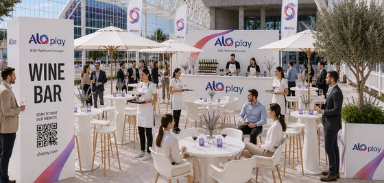 The Aloplay Wine Bar stand at SBC Summit Lisbon: white bar, parasols and guests with wine